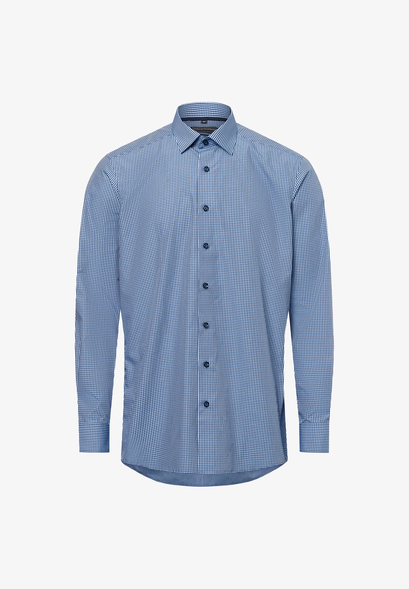 Herren Langarmhemd, blau-weißer Karomuster, Button-Down-Kragen, Vorderknöpfe, abgerundeter Saum, Baumwollmaterial, glatte Textur.