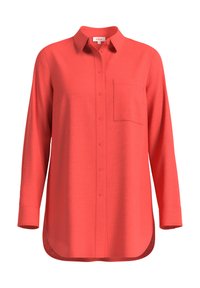 Koszula button-up z długimi rękawami w kolorze koralowym, wykonana z miękkiej tkaniny, z kieszonką na piersi, zaokrąglonym dołem i klasycznym kołnierzykiem, zapewniająca swobodny krój.