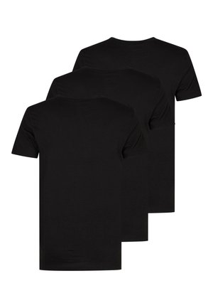 Tres camisetas de algodón negras de manga corta y cuello redondo, exhibidas al revés, mostrando una textura suave y un color uniforme.