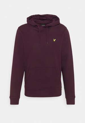Hoodie bordeaux en tissu doux, avec une poche avant, une capuche à cordon réglable et un petit logo jaune sur la poitrine.