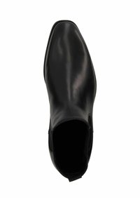 Black leather ankle boot with a pointed toe, elastic side panels, smooth texture, and a pull tab at the heel for easy wear.