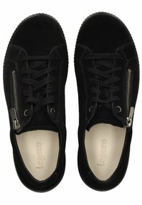 Black suede sneakers with laces, side zippers, and textured rubber soles. The interior features a branded, light-colored insole.