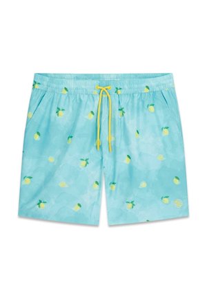 Short de bain bleu clair avec imprimés citrons jaunes, taille élastique et cordon jaune à l’avant avec poches latérales.