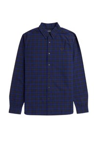 Camicia a maniche lunghe a quadri blu con colletto button-down, taschino con logo e bottoni scuri. Tessuto in cotone con una morbida consistenza.
