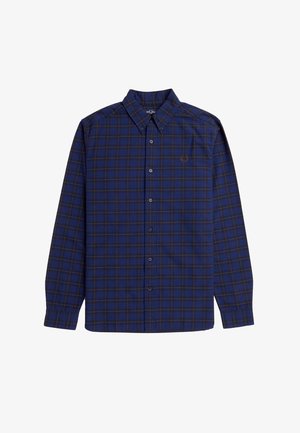 Camicia a maniche lunghe a quadri blu con colletto button-down, taschino con logo e bottoni scuri. Tessuto in cotone con una morbida consistenza.