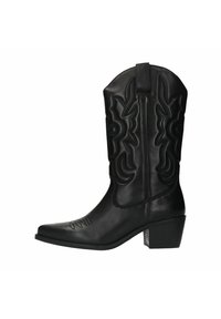 Zwarte leren cowboylaars met een spitse neus, decoratieve stiksels op de schacht en een lage blokhak. Bevat een trekband voor gemakkelijk aan- en uittrekken.