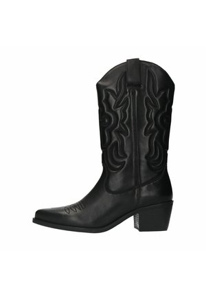 Zwarte leren cowboylaars met een spitse neus, decoratieve stiksels op de schacht en een lage blokhak. Bevat een trekband voor gemakkelijk aan- en uittrekken.