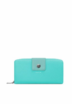 Turquoise wallet with a textured finish, silver hardware, and a snap closure. Features a brand logo and zippered compartment.