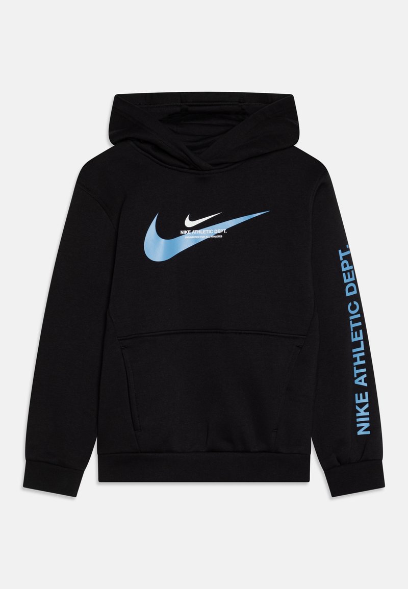 Schwarzer Kapuzenpullover aus weichem Stoff, mit einem blauen Nike-Swoosh-Logo und der Aufschrift "NIKE ATHLETIC DEPT." in Blau auf dem Ärmel.