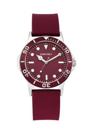 Bordeauxrote Armbanduhr mit silberner Lünette und Markierungen, rundem Zifferblatt, leuchtenden Zeigern und Silikonarmband, zeigt die Uhrzeit 10:10:37.