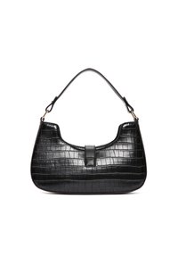 Borsa nera in pelle sintetica con effetto coccodrillo, dalla forma curva, dotata di una maniglia corta e di una chiusura a scatto. Texture liscia con una finitura lucida.