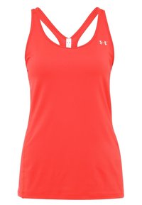 Czerwona sportowa bluzka na ramiączkach wykonana z elastycznego materiału, z wycięciem na plecach i detalem z logo w okolicy dekoltu.