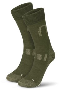 Grüne Socken mit gerippten Bündchen, strukturierten Mustern und verstärkten Zehen- und Fersenbereichen; verfügen über hellbraune Akzente und ein Logo.