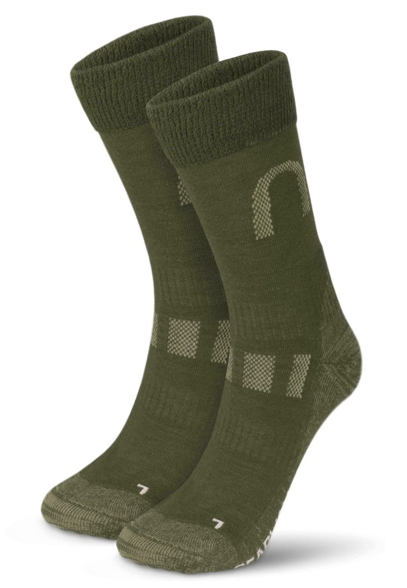Grüne Socken mit gerippten Bündchen, strukturierten Mustern und verstärkten Zehen- und Fersenbereichen; verfügen über hellbraune Akzente und ein Logo.