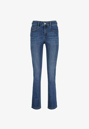 Dunkelblaue Jeans im Slim-Fit-Schnitt, mit normaler Taille, Fronttaschen und einem leichten Schlag am Saum. Glatte Textur.