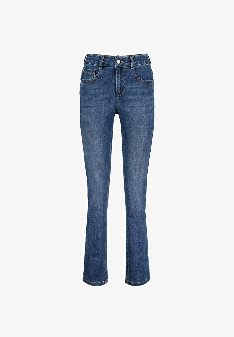 Dunkelblaue Jeans im Slim-Fit-Schnitt, mit normaler Taille, Fronttaschen und einem leichten Schlag am Saum. Glatte Textur.