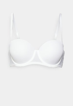 Soutien-gorge rembourré blanc avec bretelles ajustables, tissu lisse, soutien-gorge à armatures et design sans coutures. Pas de motifs ou de matériel visible.