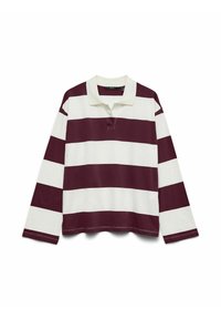 Langemouwen polo shirt in scharlakenrood met witte strepen, voorzien van een kraag, knoopsluiting en een relaxte fit. Zacht katoen materiaal.