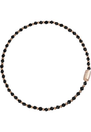 Collana nera con perline a riviera che presenta perle sfaccettate e accenti metallici in oro rosa, creando un contrasto di texture e forma. Include una chiusura con logo.