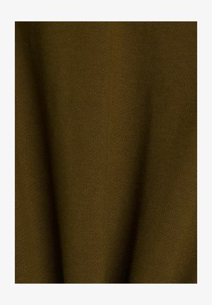 Olijfgroen, gebreide stof met een gladde textuur en een consistent patroon. De focus ligt op de kleur en de zachte val.