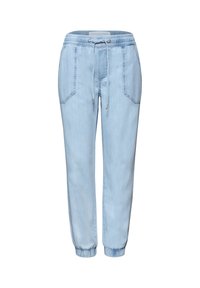 Pantalon jogger en denim bleu clair avec taille élastique, cordon de serrage, grandes poches avant et bas élastiques aux chevilles.
