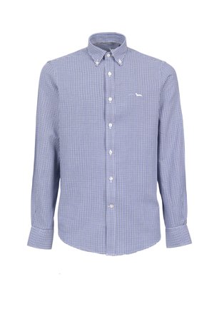 Blaue und weiße kleine karierte Langarmhemd mit Knopfverschluss und Button-Down-Kragen sowie gesticktem Logo auf der linken Brust.