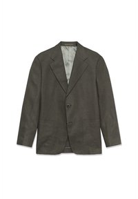 Sötétszürke blézer széles hajtókával, egysoros gombolással és két első zsebbel. Világosszürke, sima belső bélés. Texturált anyag.