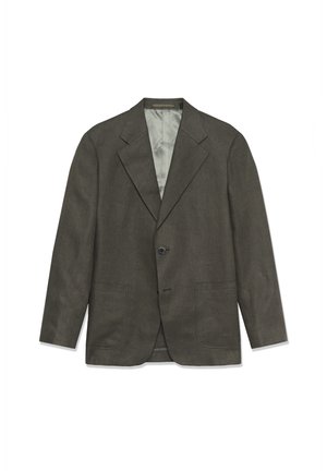 Tumehall bleiser laia krae ja ühe nööbiga, kahe esitaskuga. Sile sisemine vooder heleshallis värvitoonis. Tekstuuriga kangas.