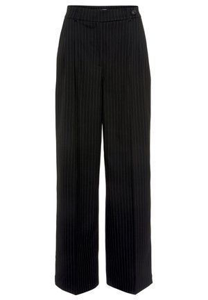 Black pinstripe trousers with a wide-leg design, featuring a flat waistband and a front button closure. Made from a smooth fabric.