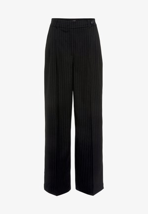 Black pinstripe trousers with a wide-leg design, featuring a flat waistband and a front button closure. Made from a smooth fabric.