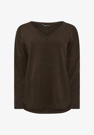 Suéter de manga larga color marrón oscuro con cuello en V, dobladillo ligeramente curvado y corte holgado, hecho de tela suave y ligera.