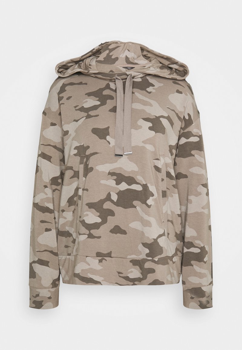 Beige and brown camouflage hoodie with a kangaroo pocket, drawstring hood, and long sleeves. Made of soft fabric with a relaxed fit.