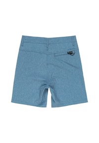 Pantaloni corti blu realizzati in tessuto testurizzato, con un design semplice, tasche standard e una tasca posteriore con un piccolo logo nero in accentuata.