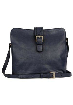 Navy leather messenger bag with a smooth texture, adjustable strap, and gold-tone hardware. Features a front flap with a buckle closure.