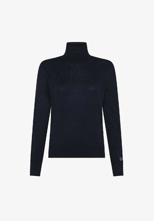 Maglione a collo alto navy in design a costine, con maniche lunghe e una texture solida, caratterizzato da un piccolo logo a contrasto sul polsino.
