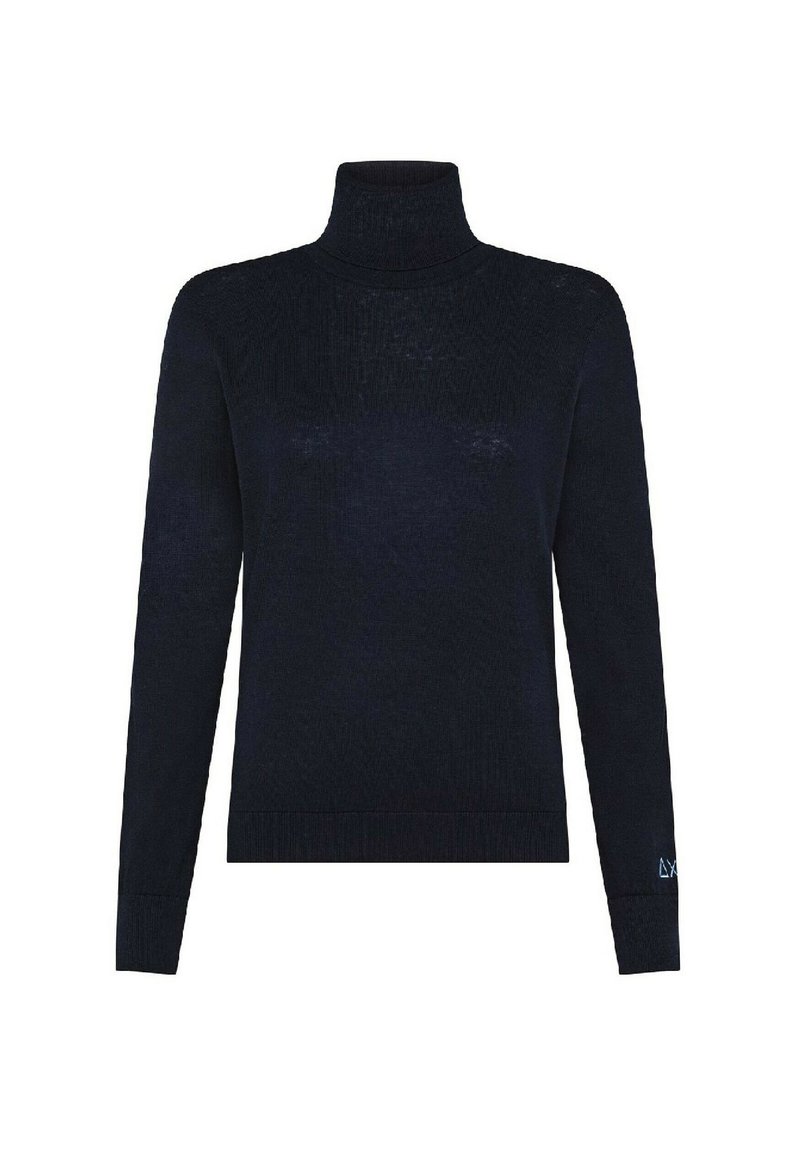Maglione a collo alto navy in design a costine, con maniche lunghe e una texture solida, caratterizzato da un piccolo logo a contrasto sul polsino.