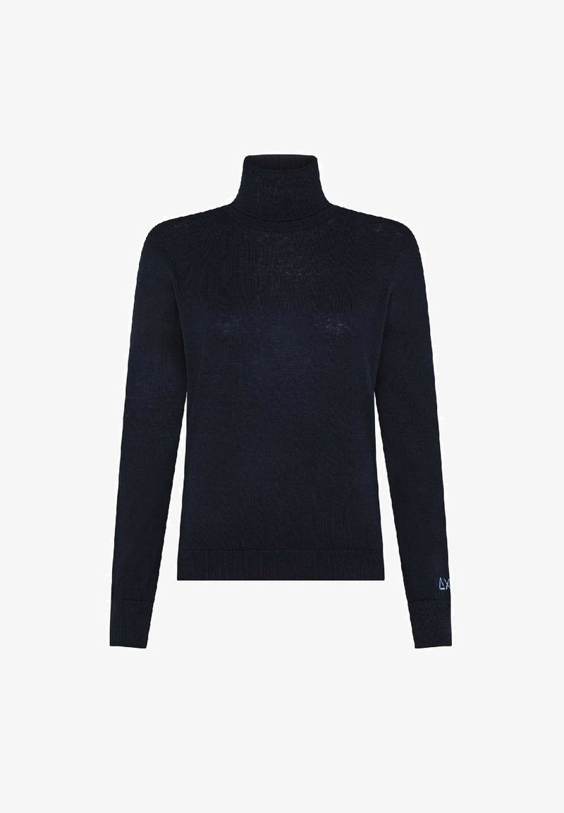 Maglione a collo alto navy in design a costine, con maniche lunghe e una texture solida, caratterizzato da un piccolo logo a contrasto sul polsino.