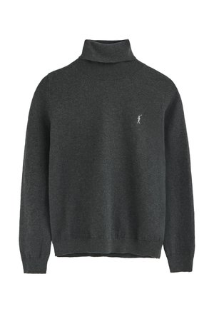 Pull col roulé gris foncé avec des manches longues et un petit motif brodé blanc sur la poitrine gauche.