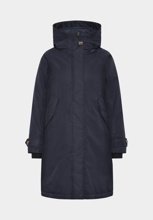 Marineblauer wasserdichter Parka mit Kapuze, seitlichen Taschen, Druckknopfverschluss und elastischen Bündchen. Glattes Material mit matter Oberfläche.