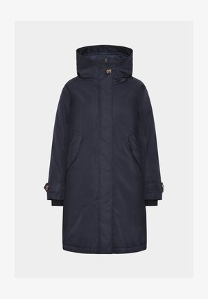 Navy waterproof parka with a hood, featuring side pockets, snap closure, and elastic cuffs. Smooth fabric with a matte finish.