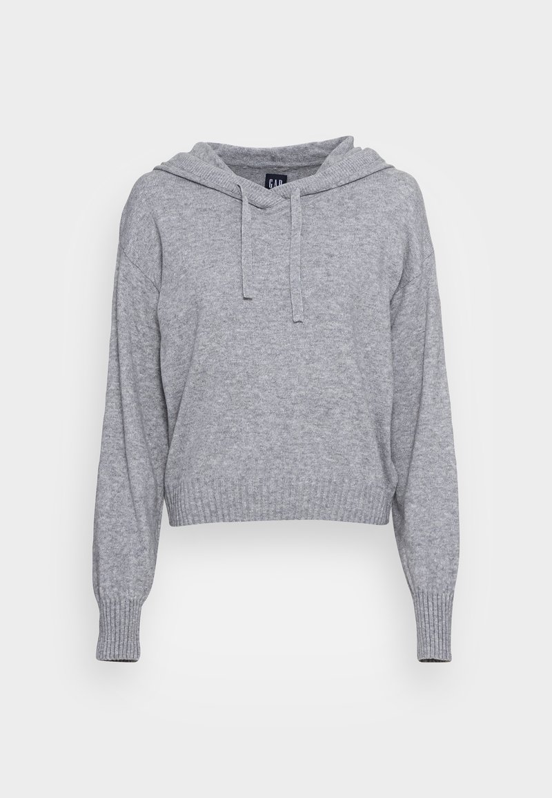 Pull à capuche gris clair tricoté avec manches longues, cordons à l'avant, poignets et ourlet côtelés, présenté sur un fond blanc.