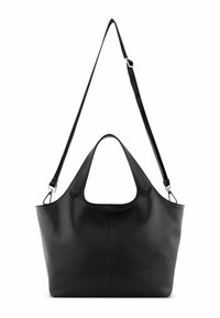Borsa a tote in pelle nera con finitura testurizzata, dotata di due manici e una tracolla staccabile e regolabile per diverse modalità di trasporto.