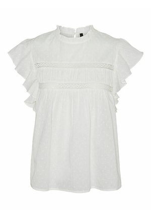 Hvid bluse med flæsekantede ærmer, tekstureret stof med prikmønster, plisseret front og nøglehulslukning bagpå. Delikate blonder på brystet.