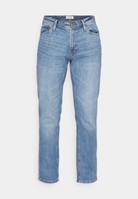 Světle modré rovné džíny vyrobené z denimu, obsahující design s pěti kapsami, poutka na opasek a zapínání na knoflík s jemným zesvětlením.