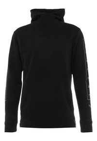 Sudadera negra con un alto cuello, mangas largas y acentos impresos en la manga izquierda. Textura suave, diseño ajustado.