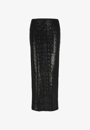 Jupe crayon en sequins noirs avec une silhouette ajustée. Doublure intérieure lisse et design taille haute. Les sequins réfléchissants créent un effet scintillant.