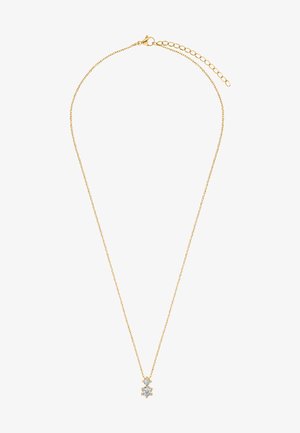 Złoty łańcuszek naszyjnik z zawieszką z trzema przejrzystymi kamieniami, dwoma okrągłymi i jednym owalnym, wyeksponowany na białym tle.