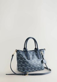 Navy blue handbag with geometric pattern, leather material, dual handles, detachable shoulder strap, gold hardware accents.