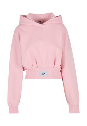 Roze cropped hoodie van zacht materiaal, met een trekkoord capuchon, geribbelde zoom en lange mouwen met elastische manchetten. Merkenlabel aan de voorkant.