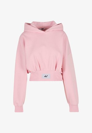 Roze cropped hoodie van zacht materiaal, met een trekkoord capuchon, geribbelde zoom en lange mouwen met elastische manchetten. Merkenlabel aan de voorkant.
